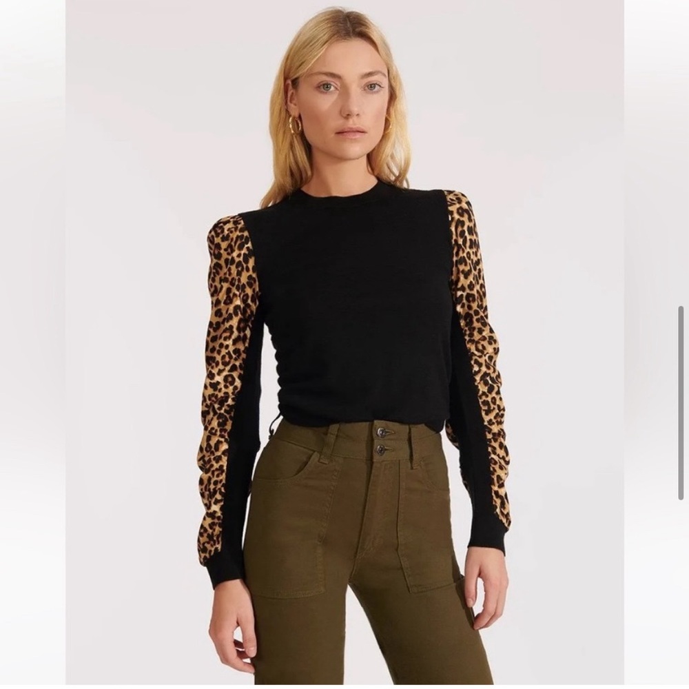 Veronica Beard Adler Mixed Media Animal Print Leopard Wool Black Sweater